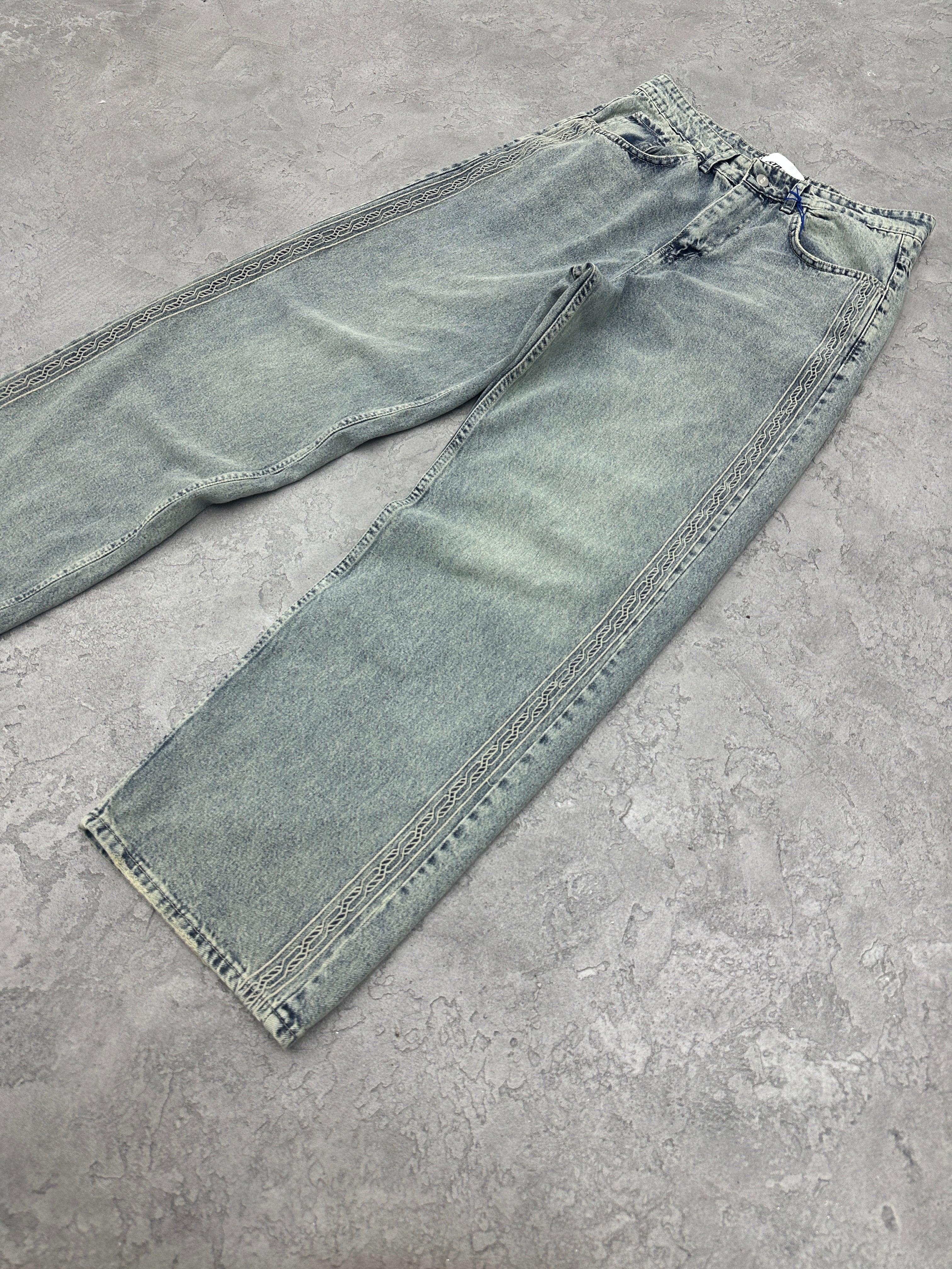 P415 Açık Mavi Premium Örgü Nakışlı Baggy Pantolon