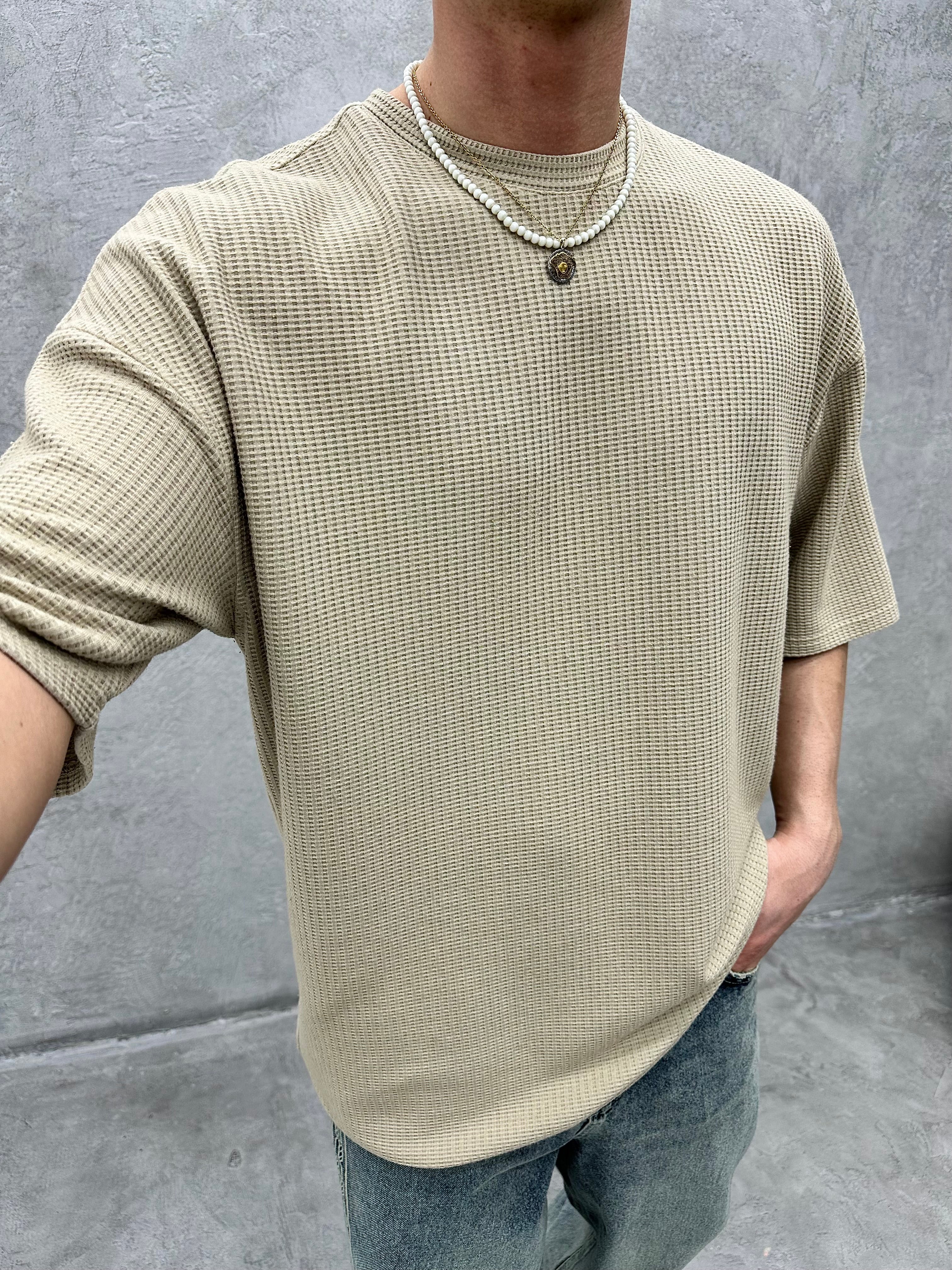 A894 Waffle Kumaş Krem Oversize T-shirt