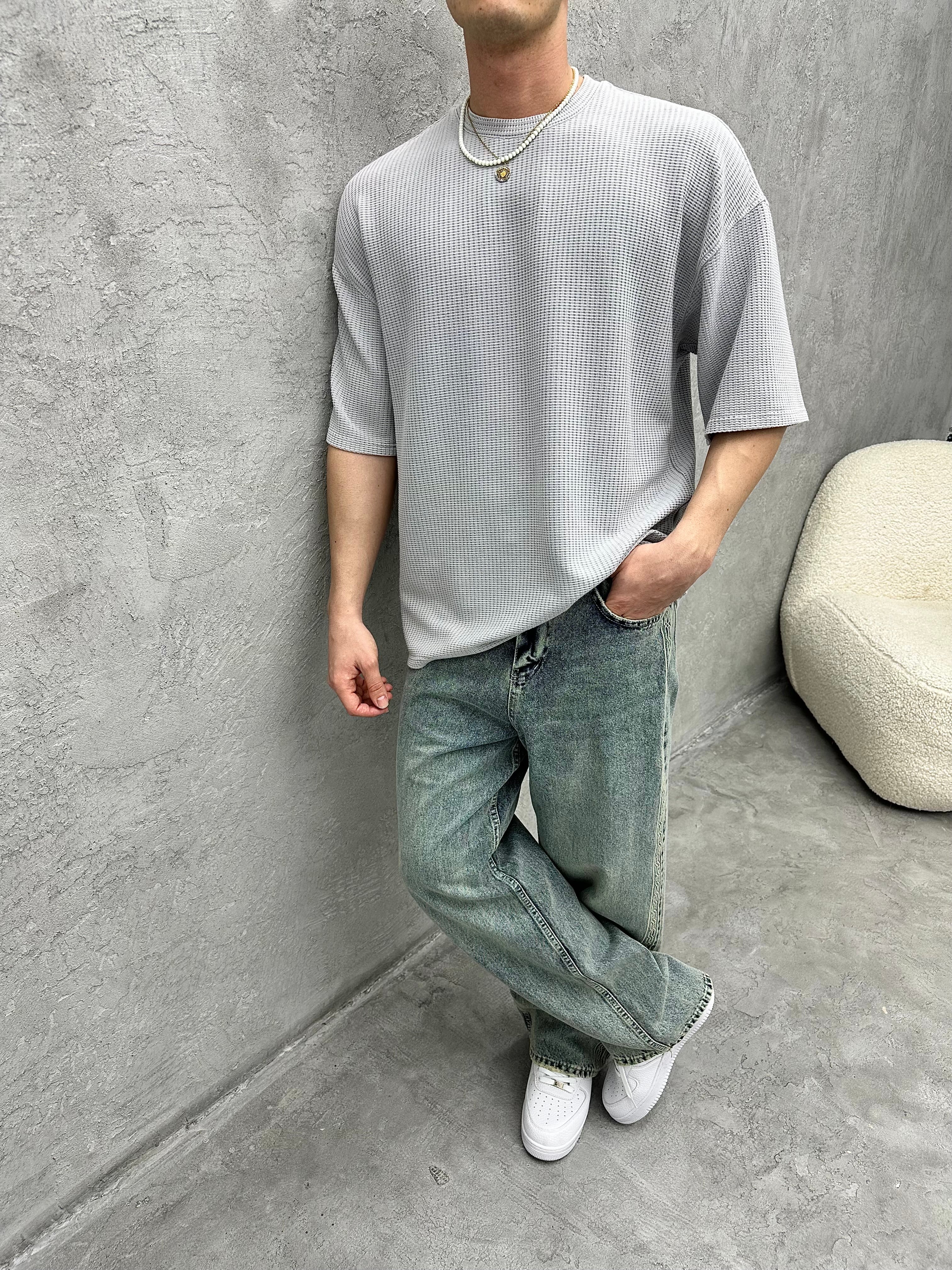 A892 Waffle Kumaş Gri Oversize T-shirt