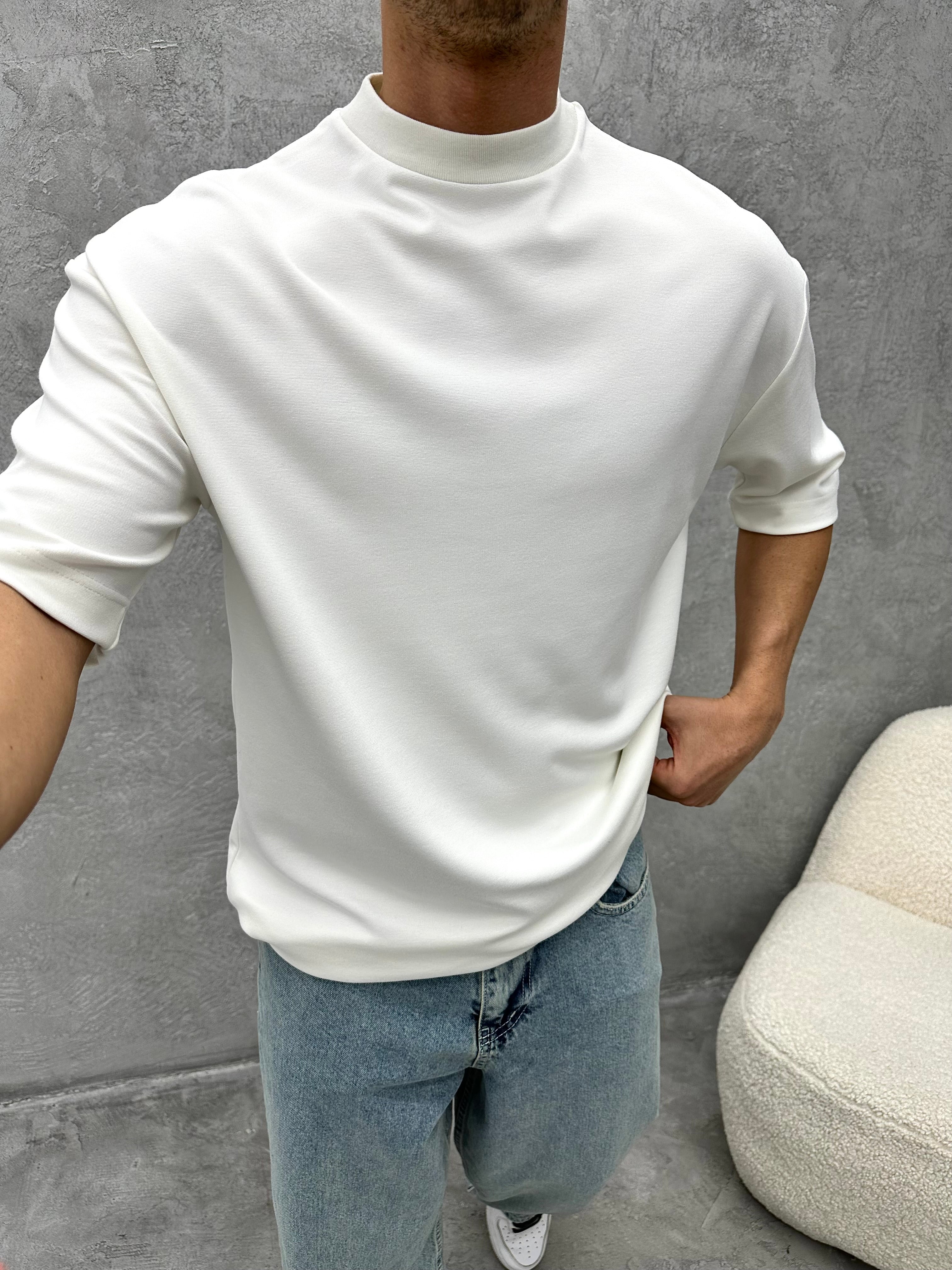 T467 Dubble Face Boğazlı Basic EKRU  Oversize Tshirt
