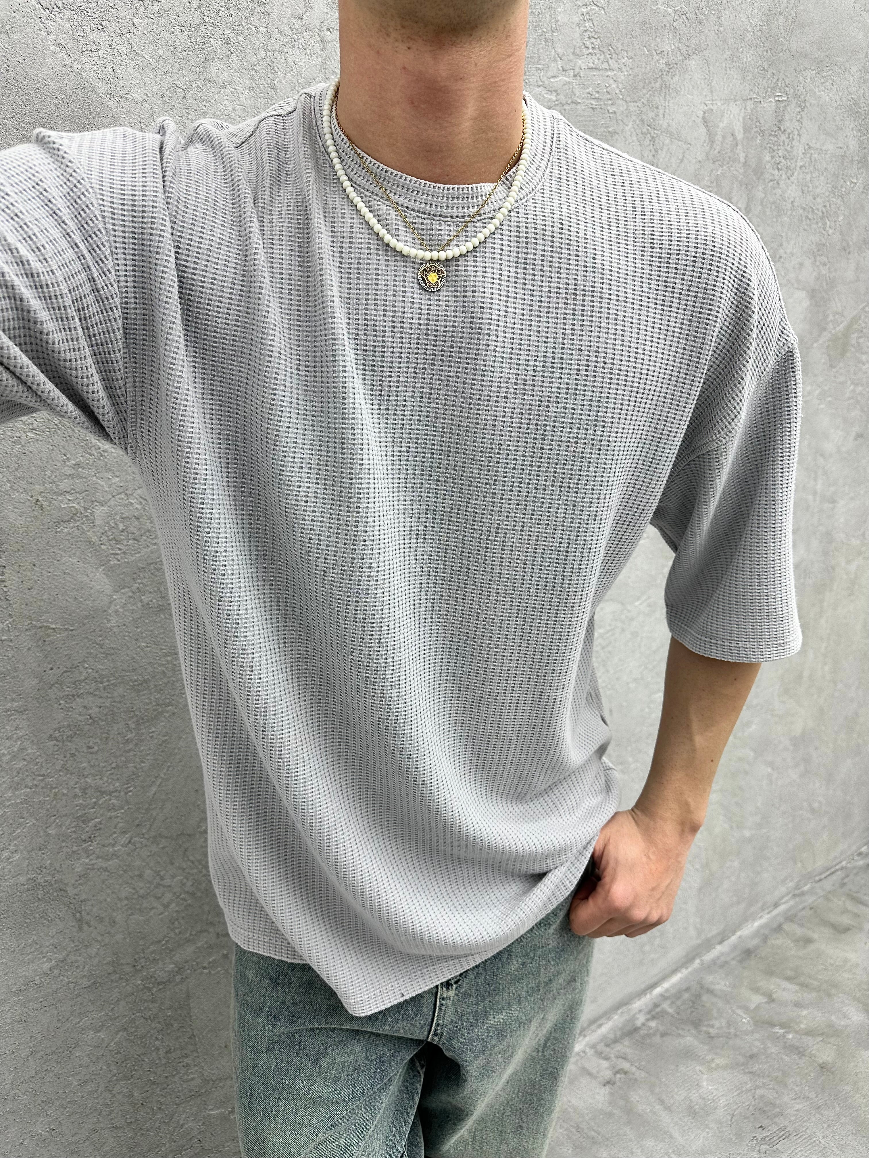 A892 Waffle Kumaş Gri Oversize T-shirt