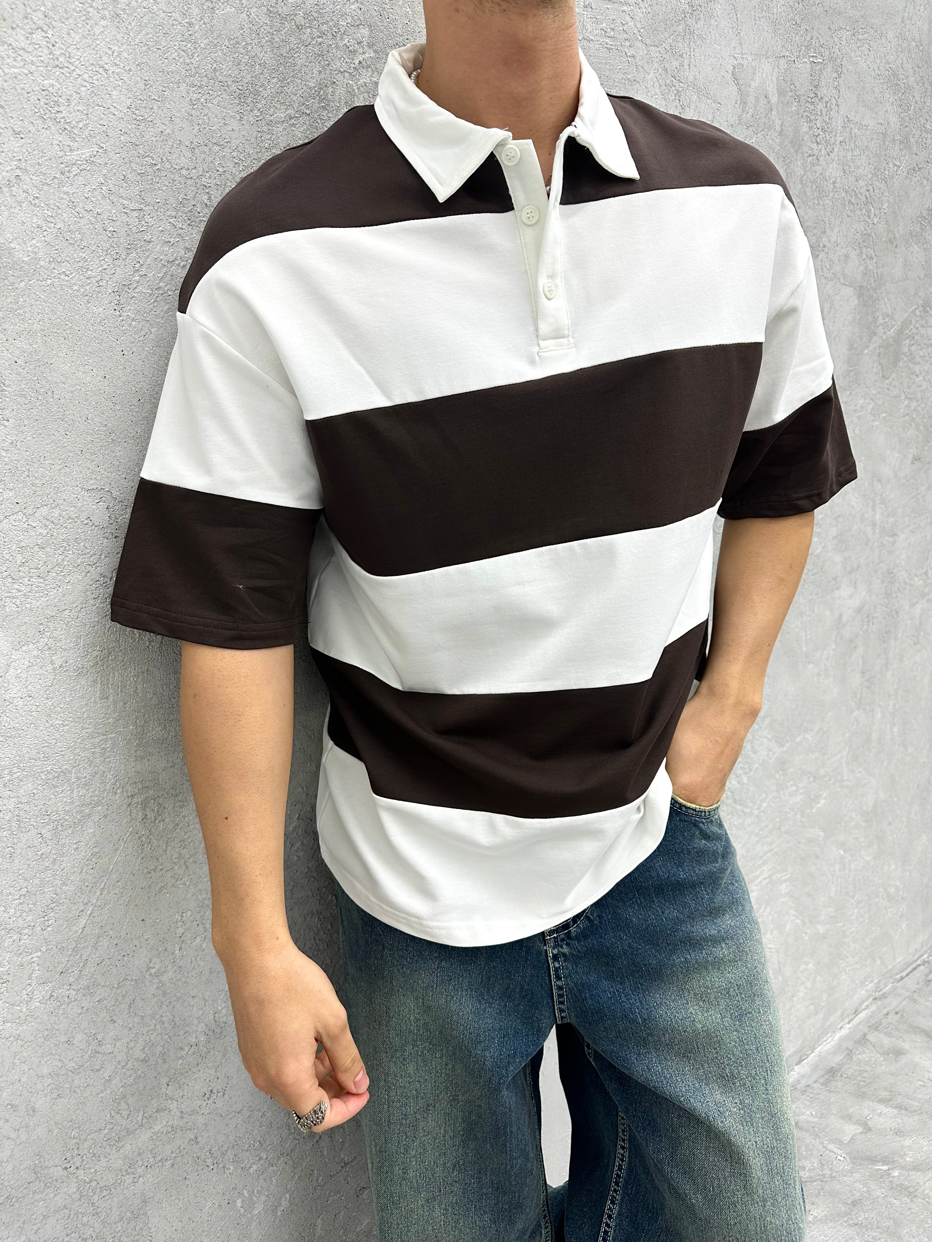 T462 POLO YAKA KAHVERENGİ ÇİZGİLİ Oversize T-Shirt