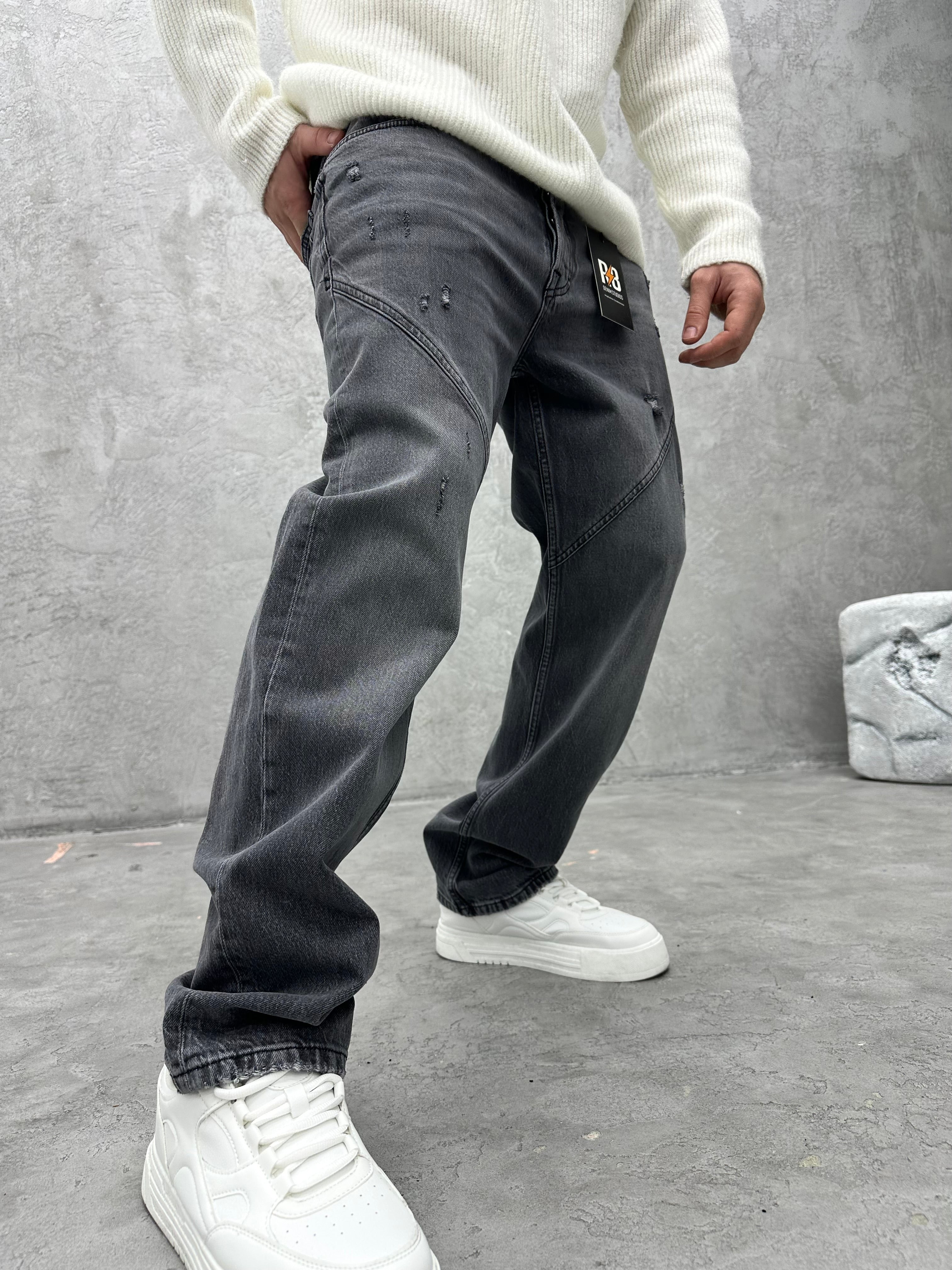 P525 YIKAMALI SİYAH DETAYLI BAGGY PANTOLON