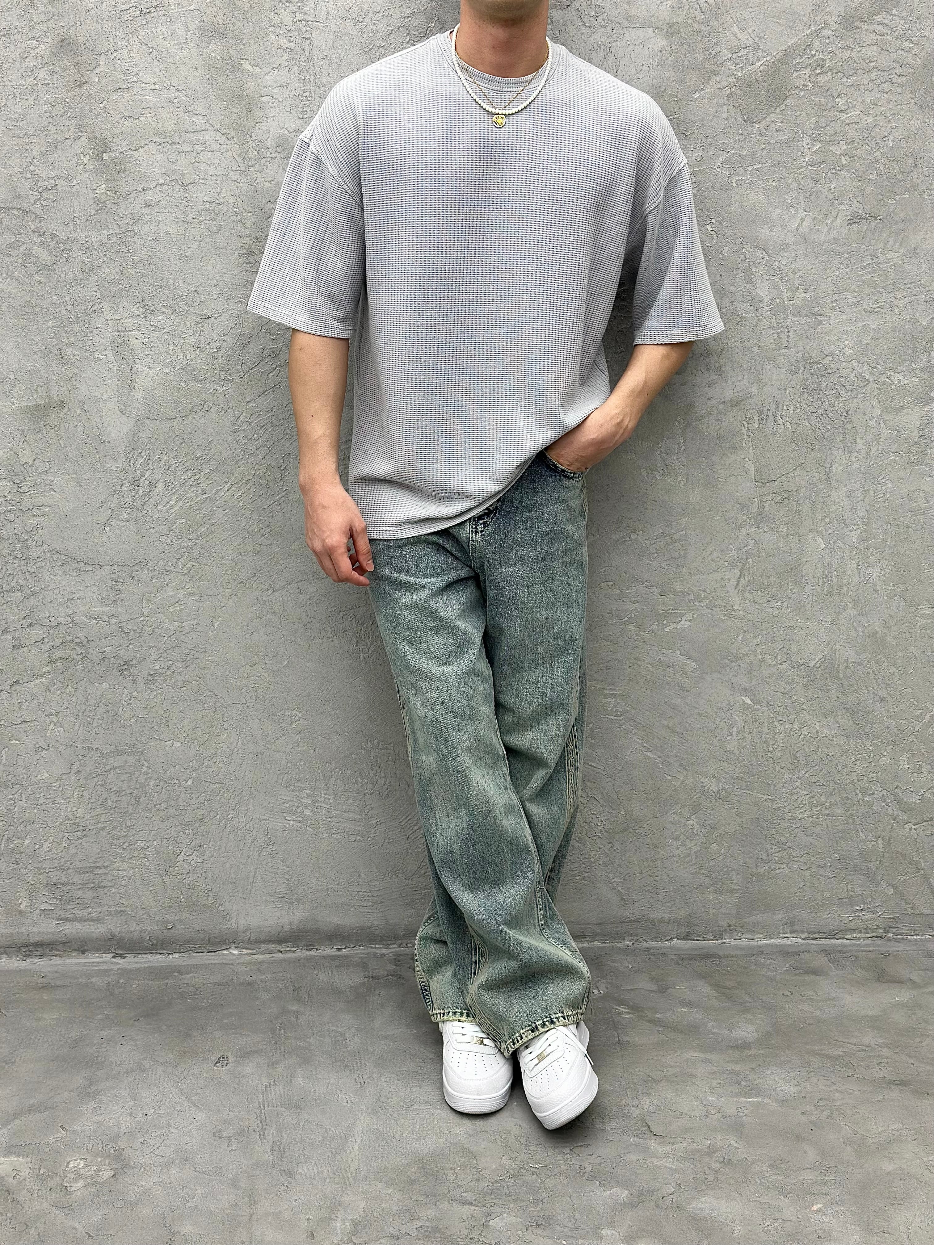 A892 Waffle Kumaş Gri Oversize T-shirt