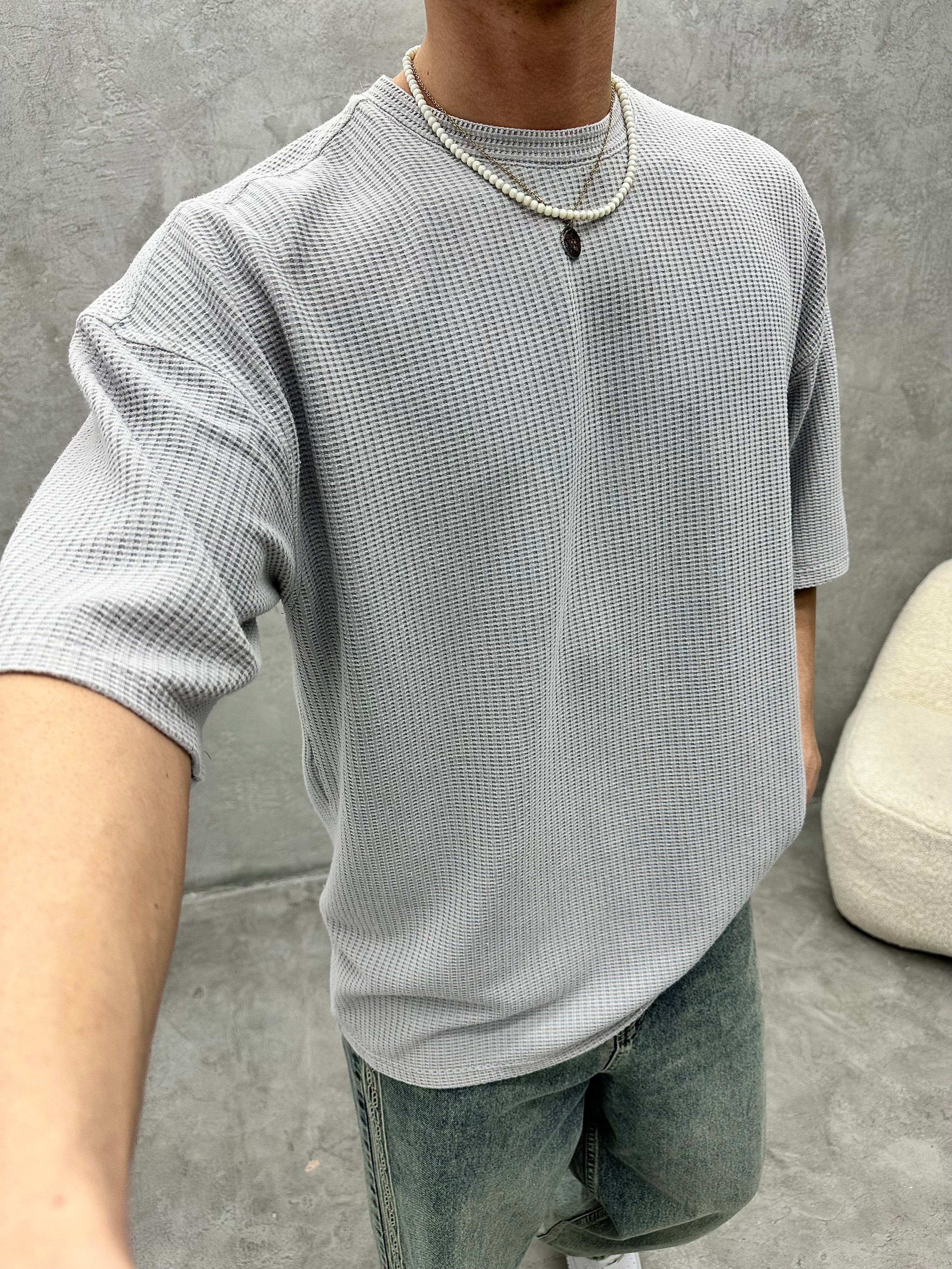 A892 Waffle Kumaş Gri Oversize T-shirt