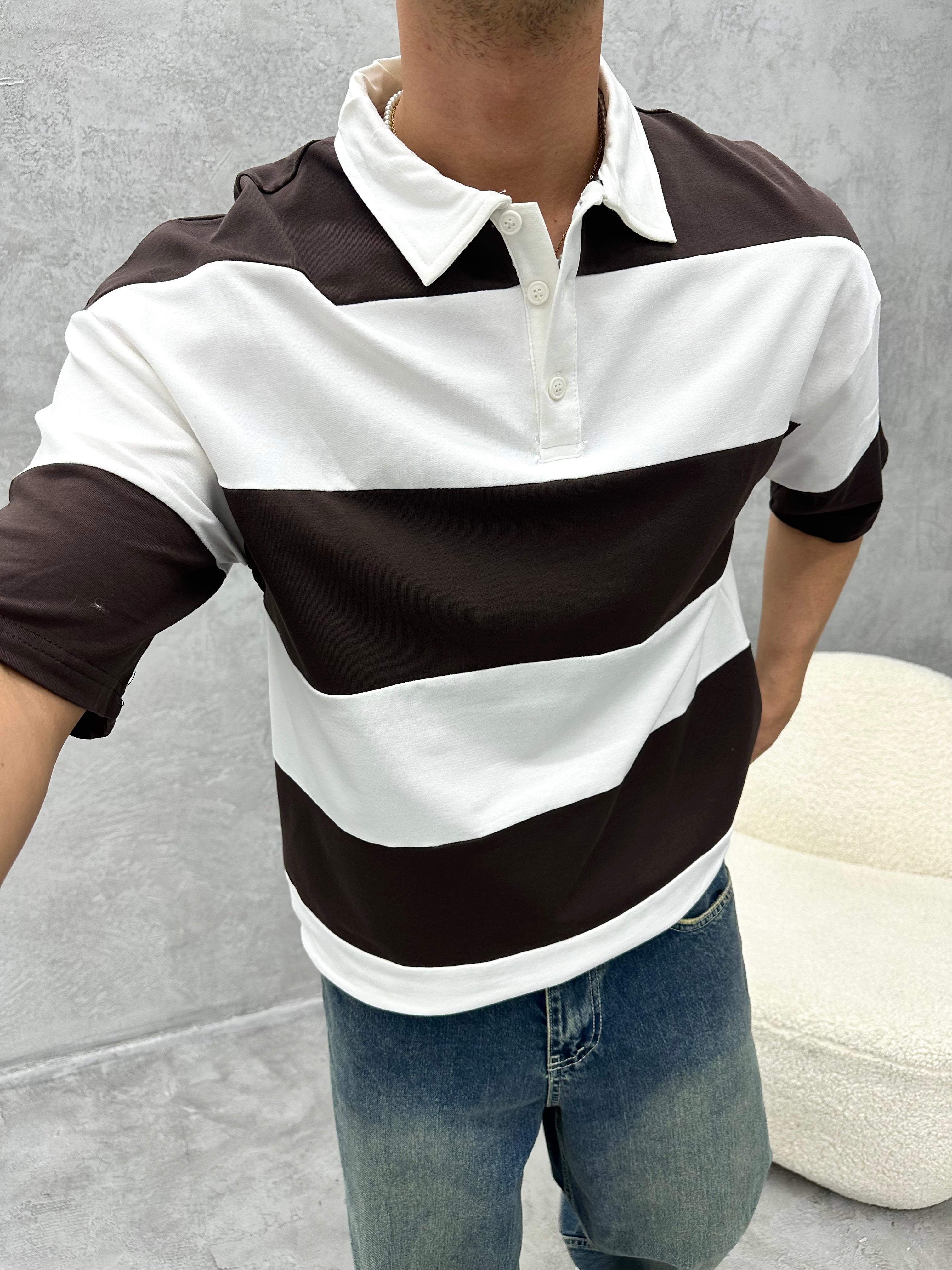 T462 POLO YAKA KAHVERENGİ ÇİZGİLİ Oversize T-Shirt