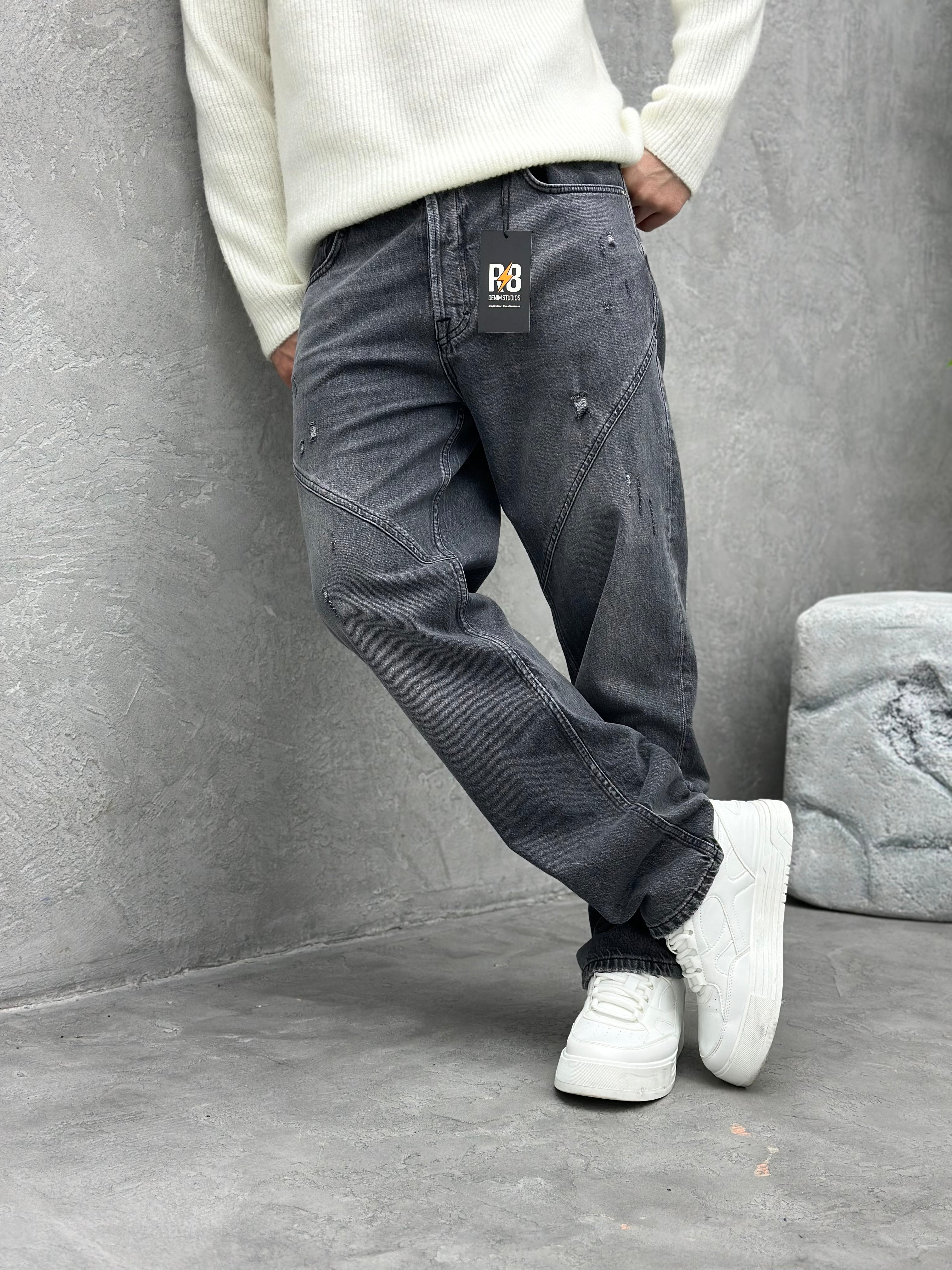 P525 YIKAMALI SİYAH DETAYLI BAGGY PANTOLON