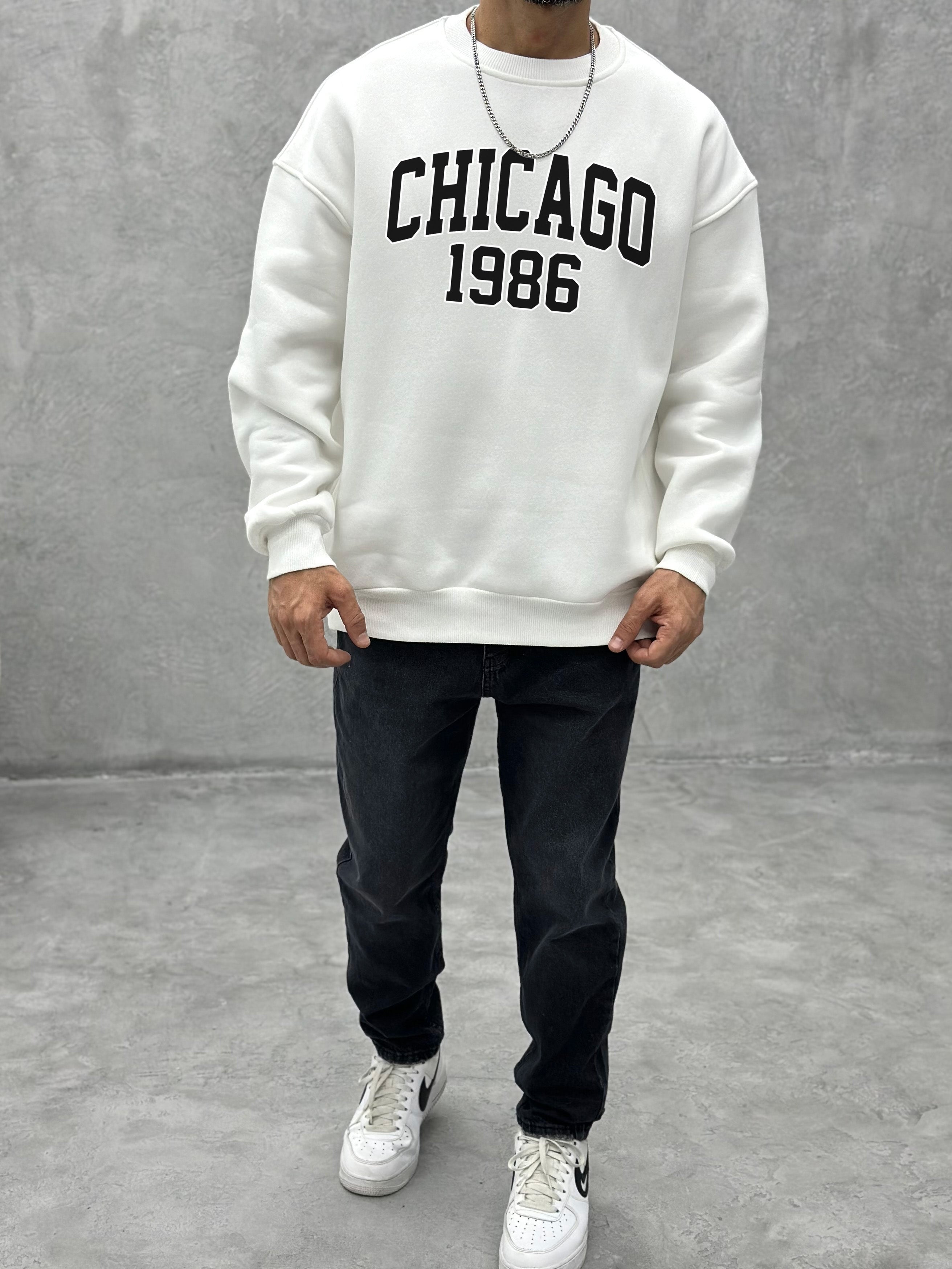 S121 3 İPLİK BİSİKLET YAKA ''CHICAGO'' BASKILI SWEAT