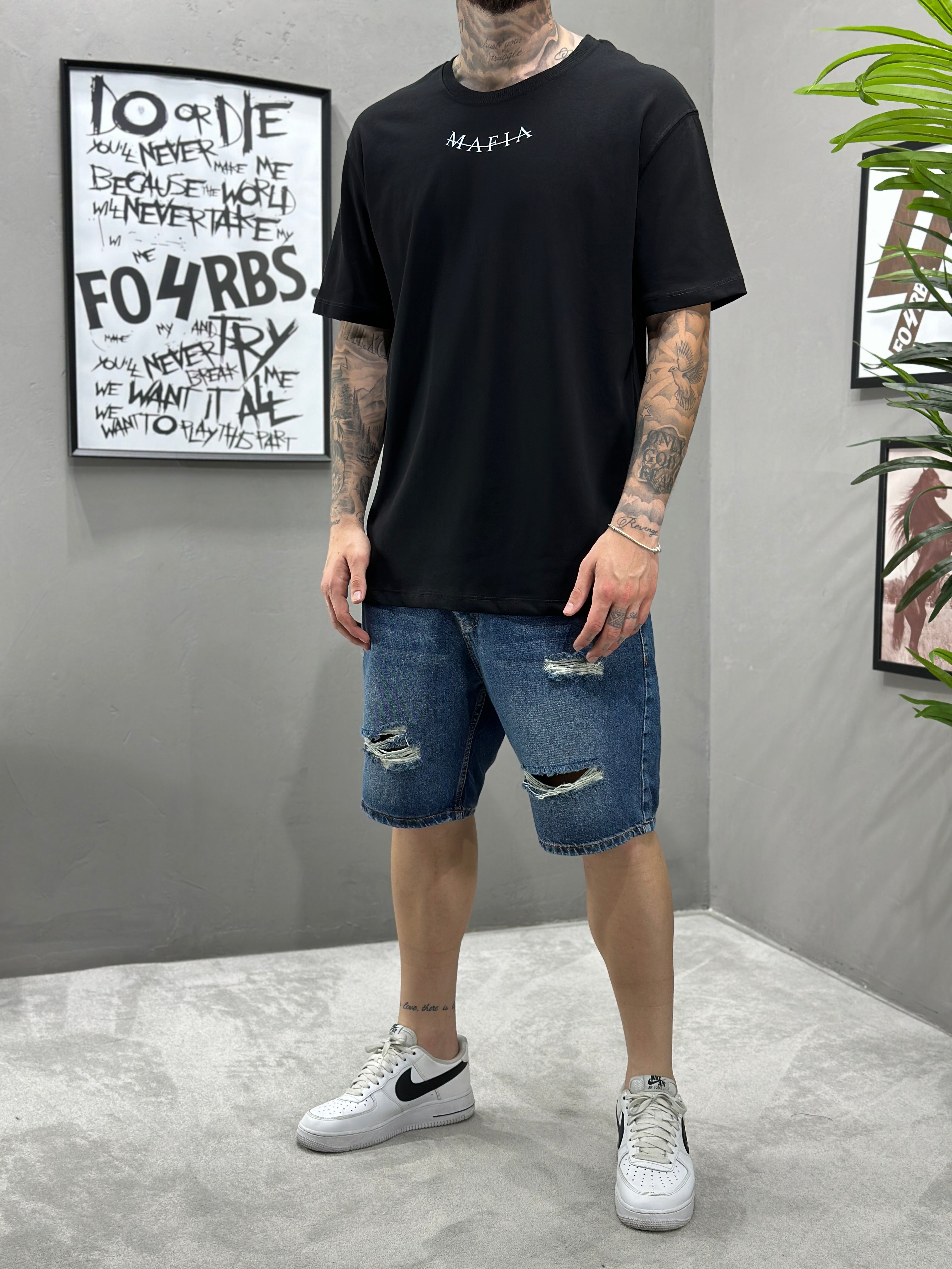 T359 Mafia Baskılı Siyah Oversize Tshirt