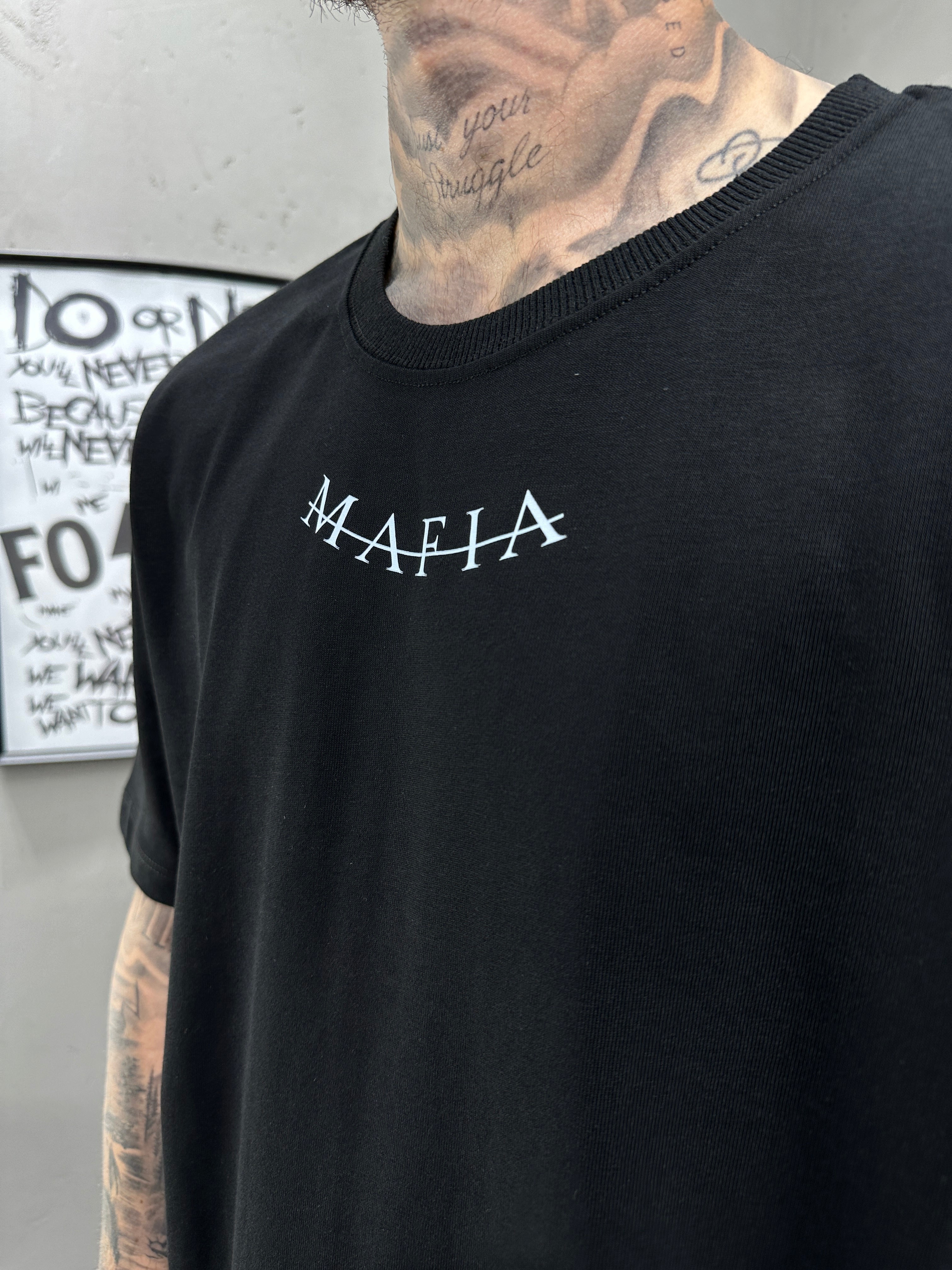 T359 Mafia Baskılı Siyah Oversize Tshirt