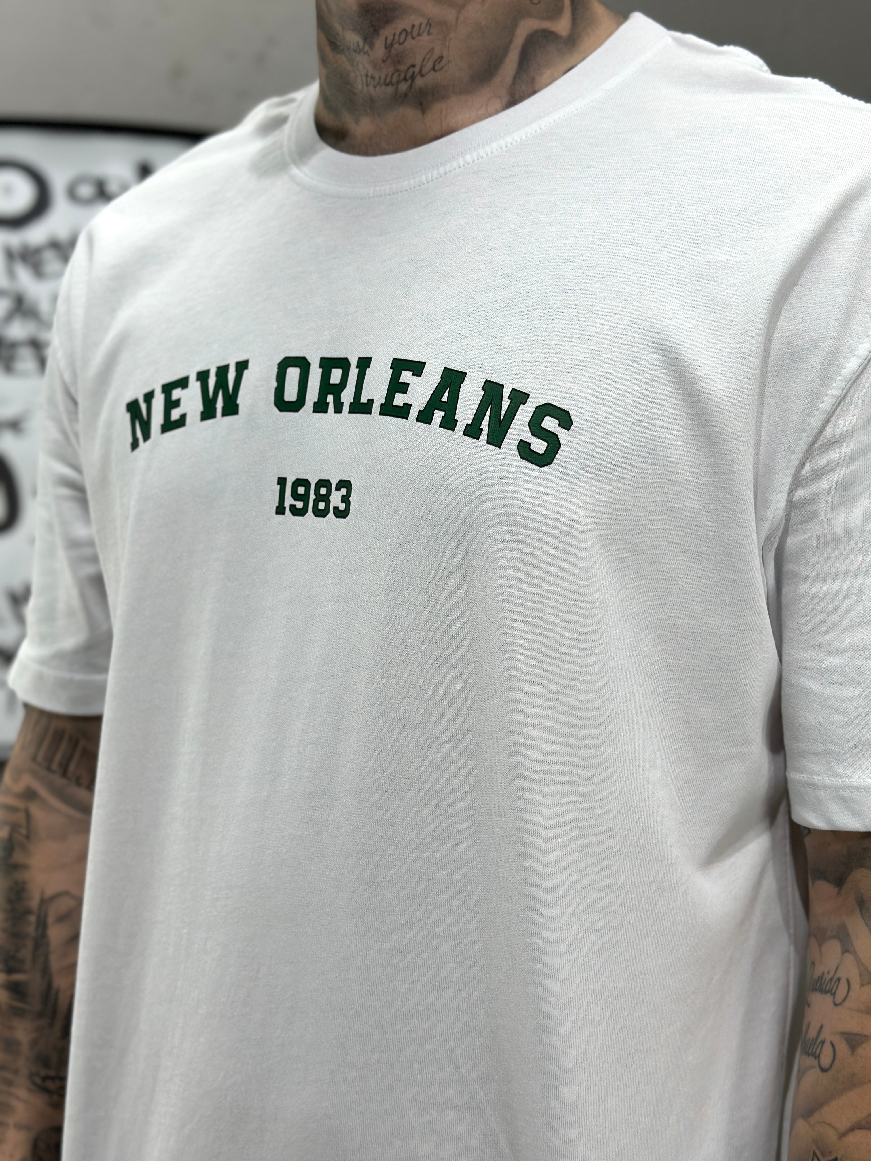 T387 Neworleans  Baskılı Beyaz Oversize T-shirt