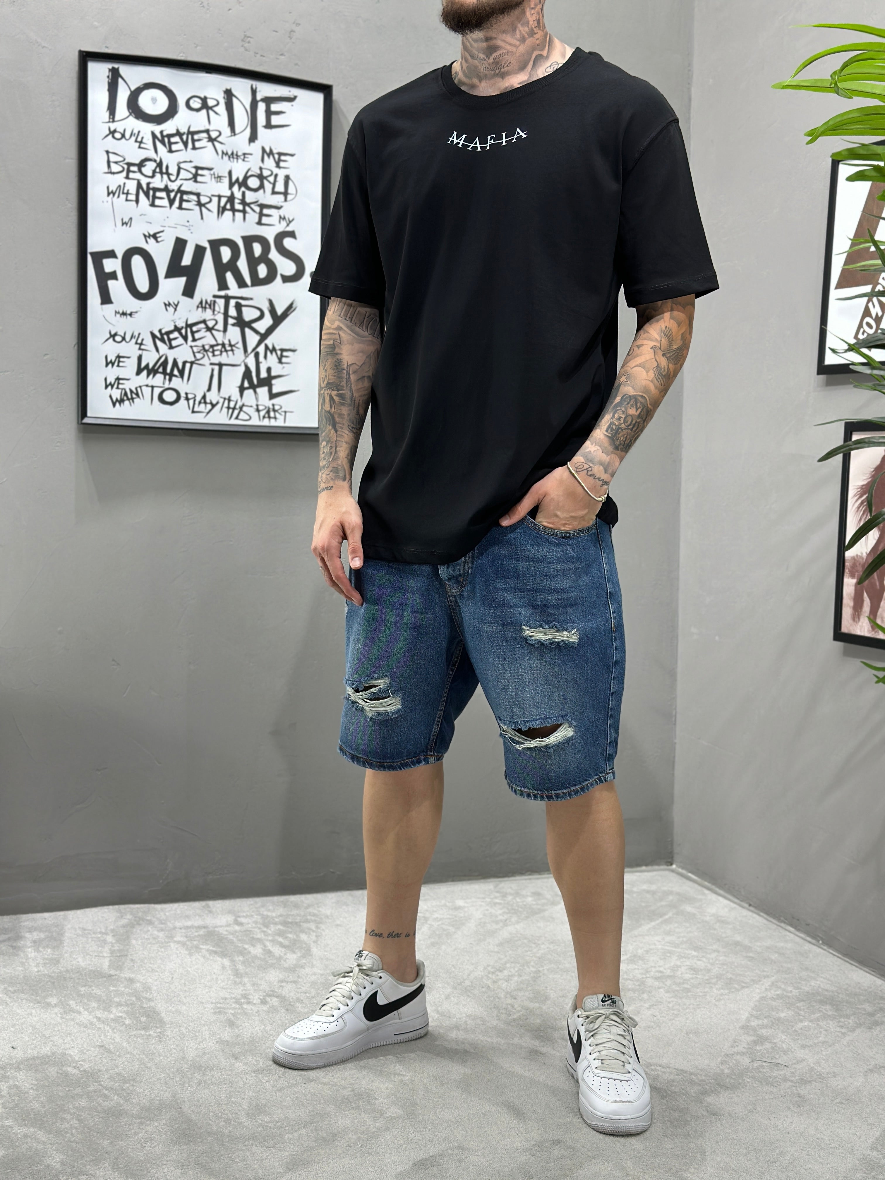 T359 Mafia Baskılı Siyah Oversize Tshirt