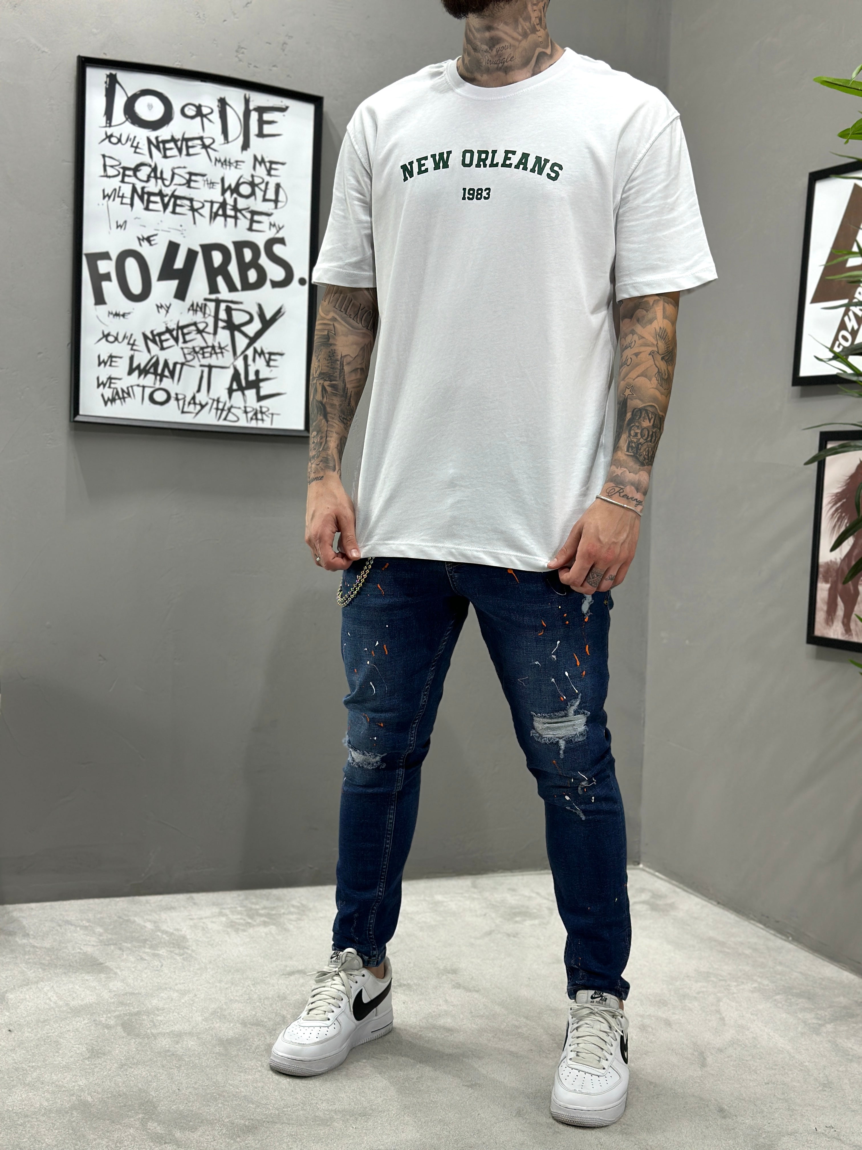 T387 Neworleans  Baskılı Beyaz Oversize T-shirt