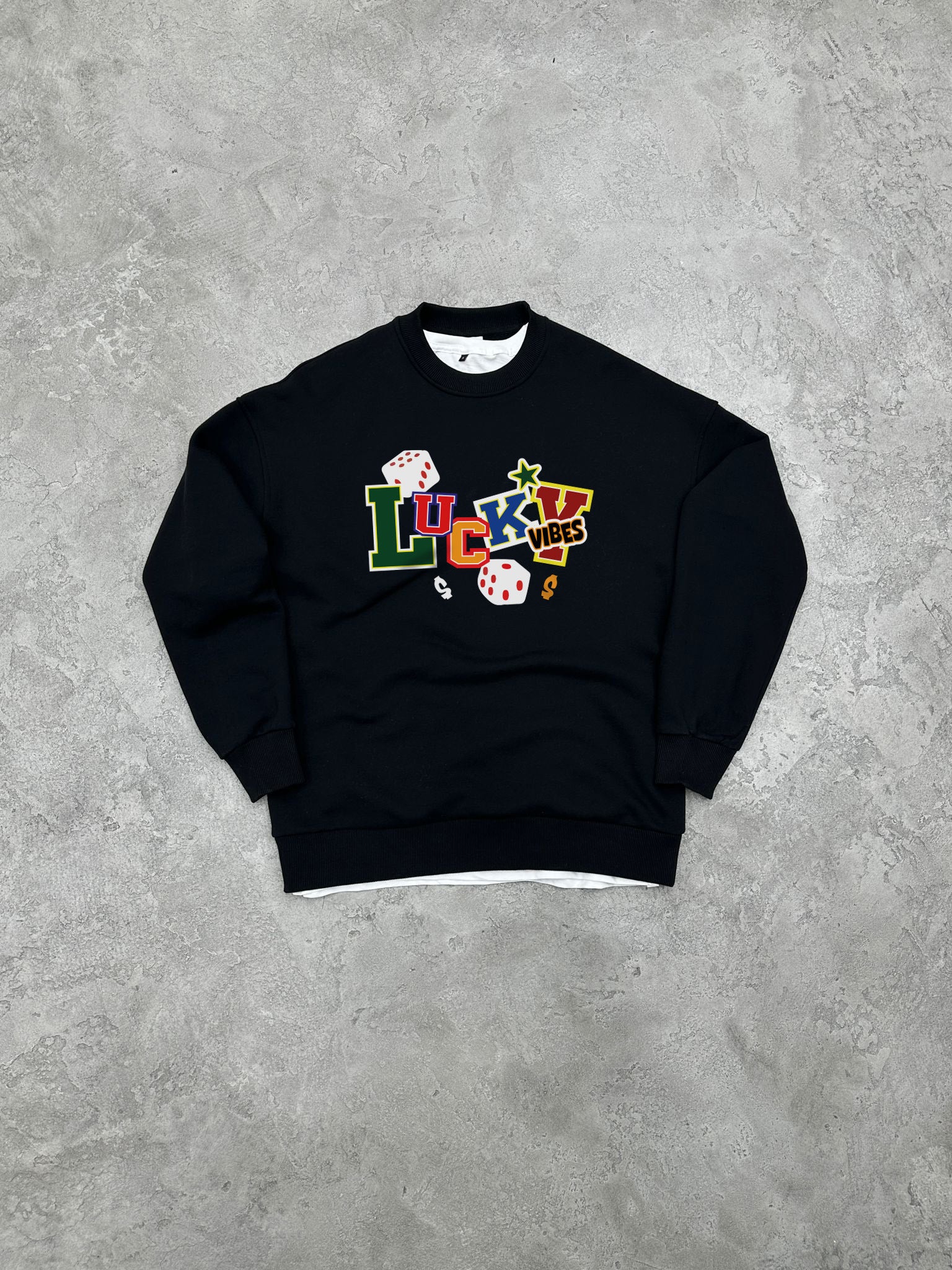 S126 3 İPLİK BİSİKLET YAKA ''LUCKY VIBES'' BASKILI SWEAT