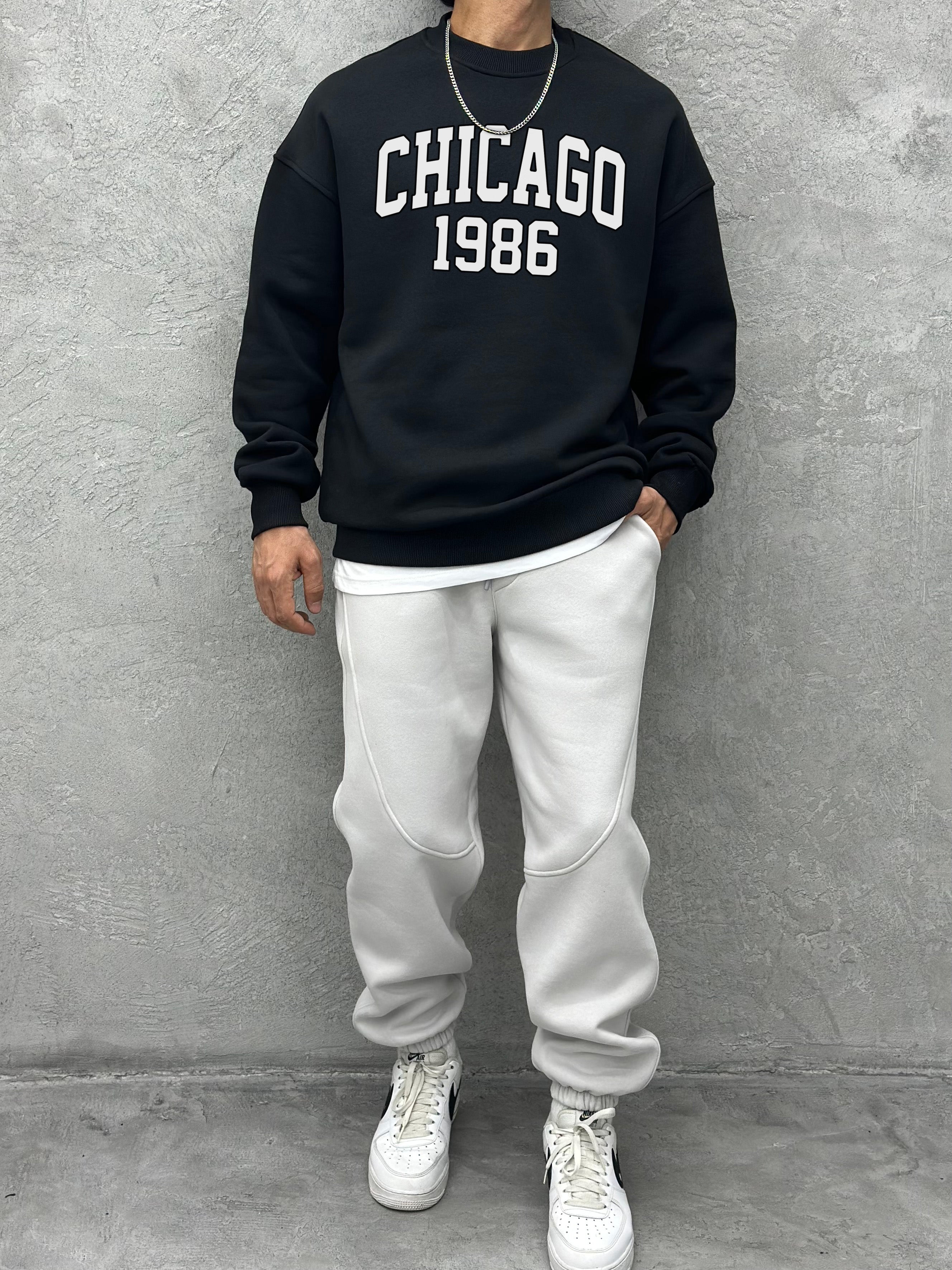 S121 3 İPLİK BİSİKLET YAKA ''CHICAGO'' BASKILI SWEAT